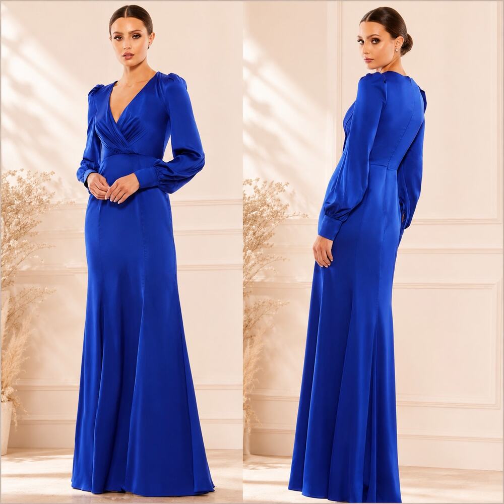 Mac Duggal Surplice Bodice Bishop Sleeves Maxi Dress Blue 55635 size 16 CLM